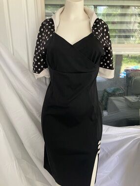 Black Midi Dress with White Polka Dot Sleeves